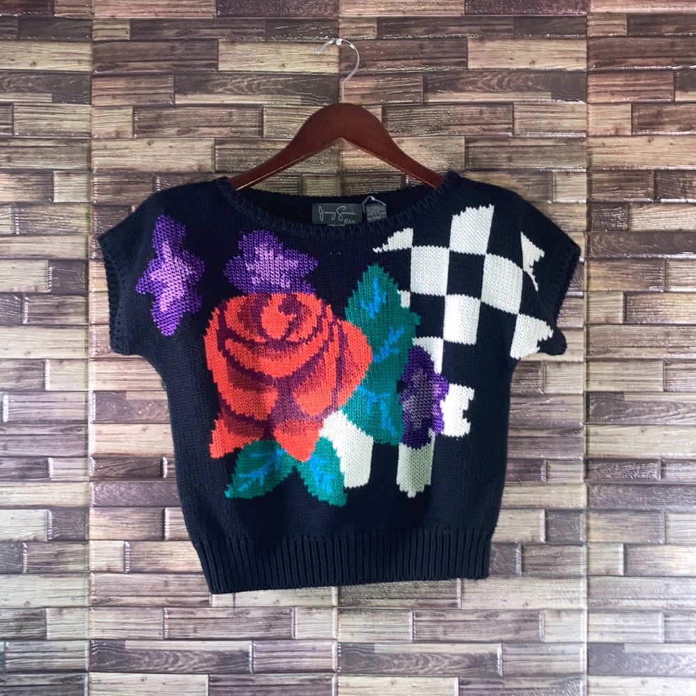 Vintage Ska Rose Two Tone Retro  Knit Sweater Checker Graphic Cropped Small P